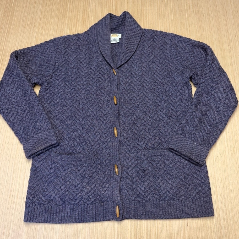 Vintage Talbots Wool Cardigan Sweater Womens Medium Purple Herringbone Pockets
